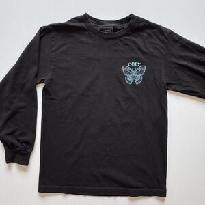 OBEY Butterfly Long Sleeve T-Shirt Youth Boys Small‎ Black Graphic Print Tee